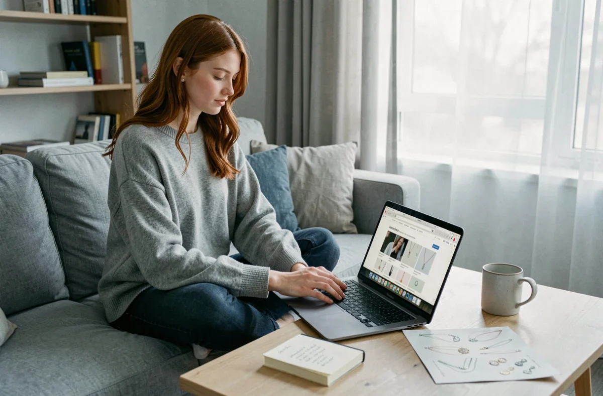 Jeune femme qui compare des bijoux en ligne depuis son appartement avec un ordinateur portable
