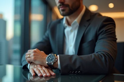 Homme en costume portant une montre chronographe de luxe alternative à la Rolex Daytona au bureau
