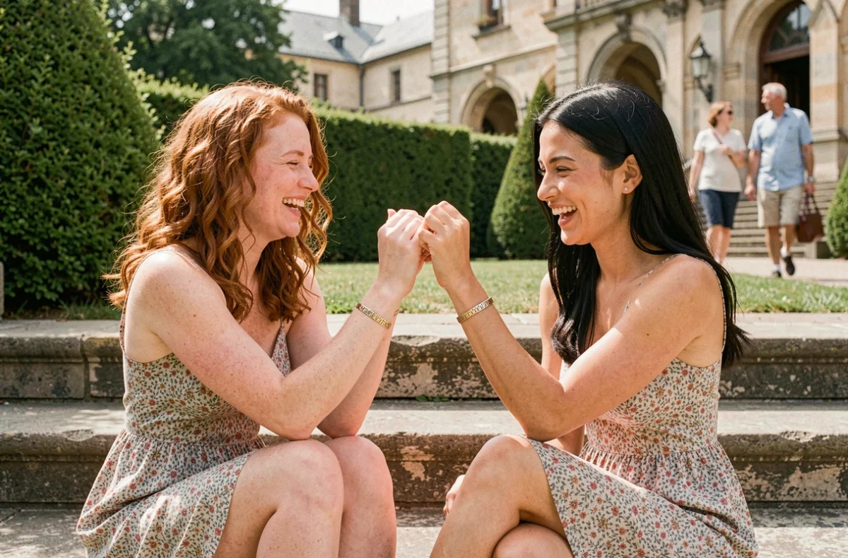 Deux amies comparant leurs bracelets photo assortis assis sur des marches en pierre dans un parc, bijoux souvenirs de l'amitié