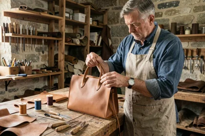 Artisan maroquinier français cousant à la main un sac en cuir structuré dans son atelier traditionnel en pierre
