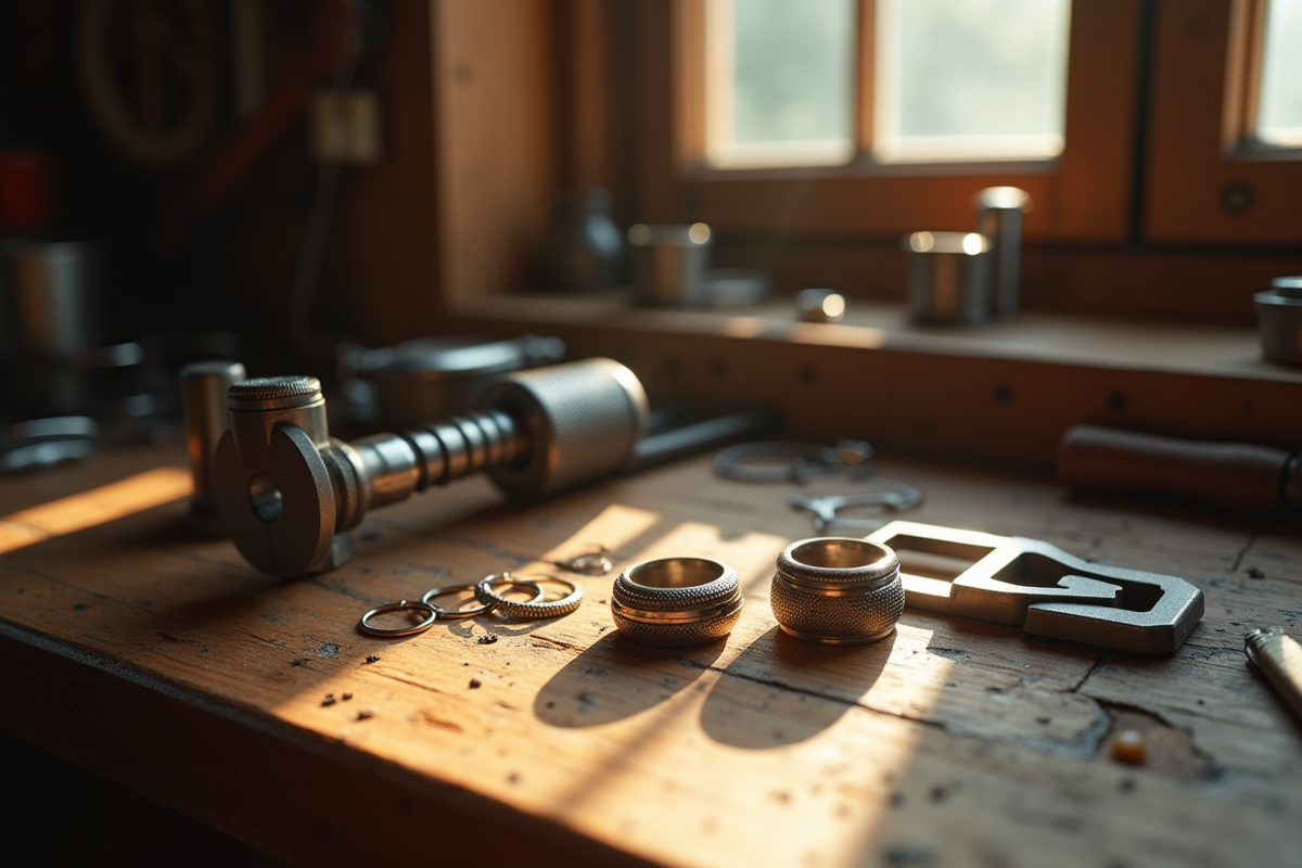 Atelier de joaillerie avec outils et bagues en argent poli