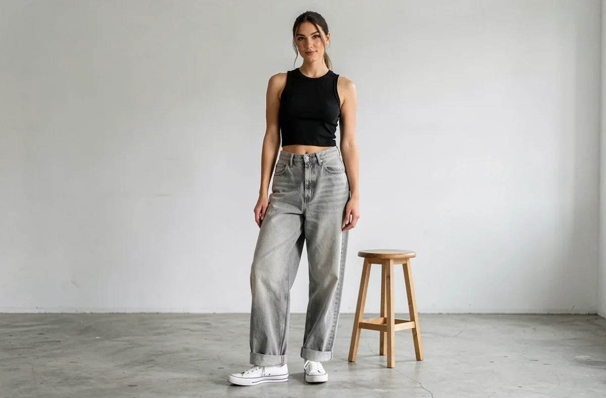 Femme en baggy jean gris clair taille haute avec crop top noir dans un studio minimaliste