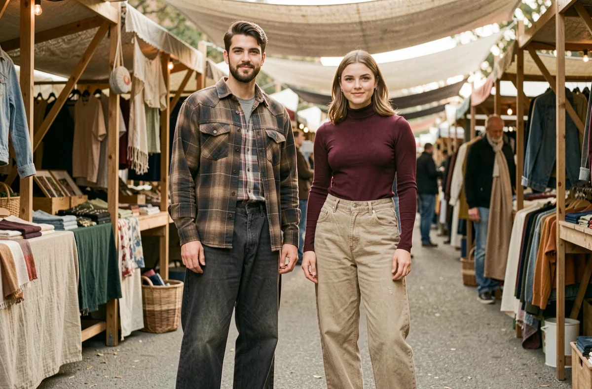 Duo homme et femme comparant leurs styles de baggy jeans dans un marché en plein air