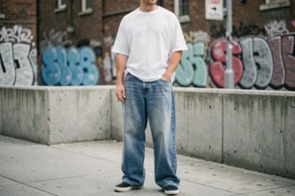 Homme portant un baggy jean indigo délavé dans un style streetwear urbain décontracté