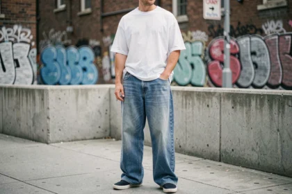Homme portant un baggy jean indigo délavé dans un style streetwear urbain décontracté