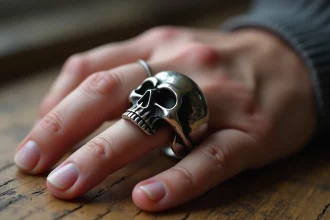 Bague tête de mort en argent portée trop serrée au doigt, laissant une marque visible sur la peau