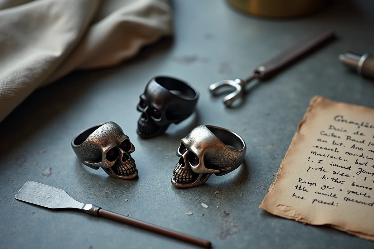Plusieurs bagues tête de mort de différentes tailles avec un outil de mesure de bague pour éviter les erreurs de confort