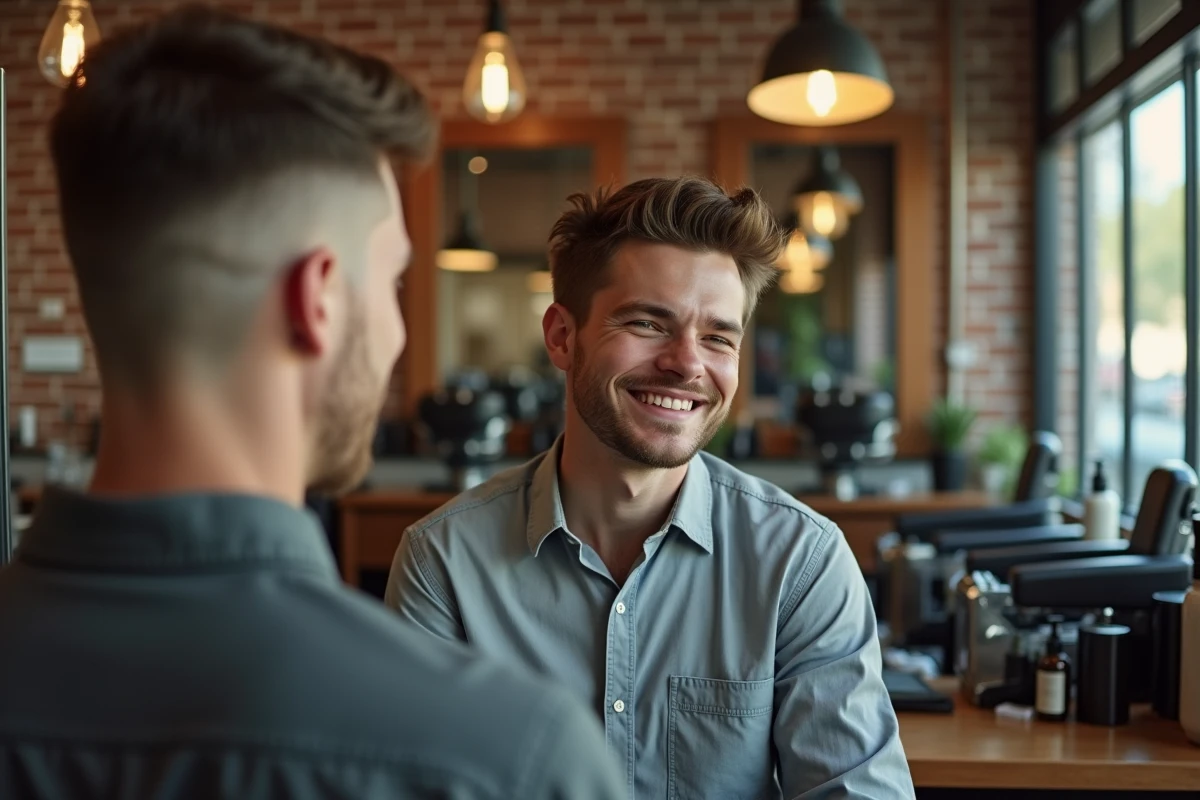 Jeune homme examine sa coupe de cheveux dans un barbershop