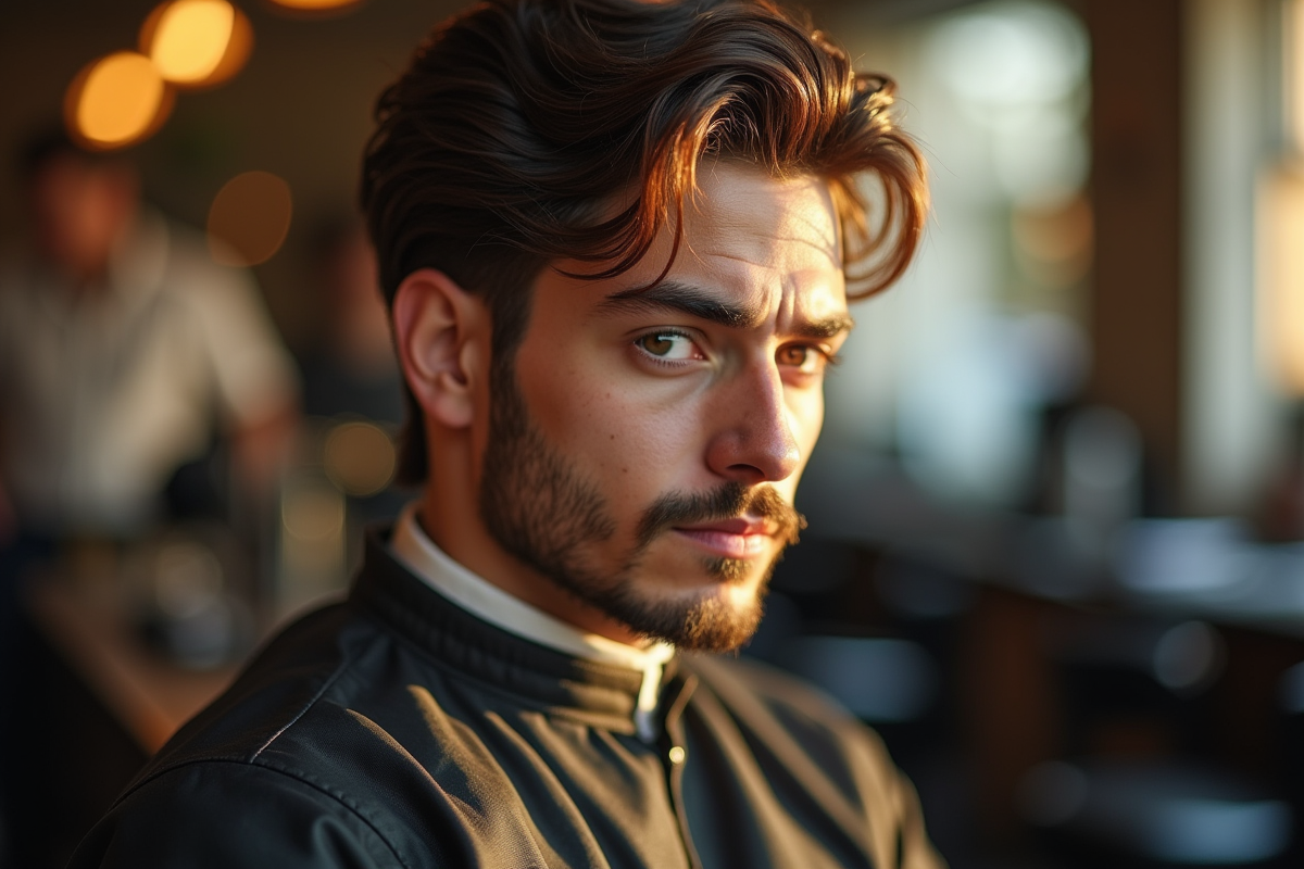 Homme stylé avec coupe mullet assis dans un salon de coiffure lumineux