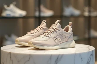 Paire de baskets édition limitée en cuir premium exposée sur un piédestal en marbre blanc dans une boutique haut de gamme