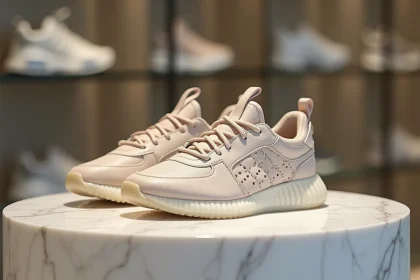 Paire de baskets édition limitée en cuir premium exposée sur un piédestal en marbre blanc dans une boutique haut de gamme
