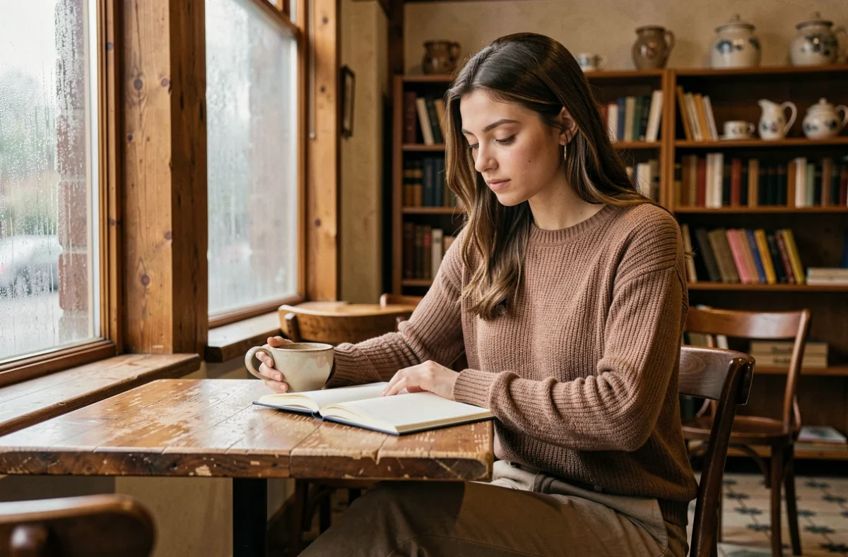 Jeune femme pensive dans un café vintage avec un carnet ouvert, atmosphère intimiste évoquant des archives photographiques de jeunesse