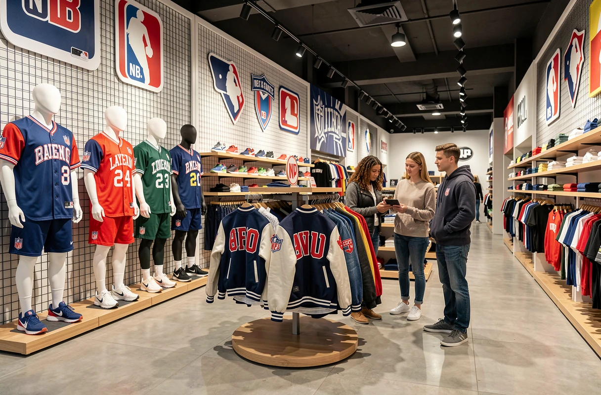 Grande boutique streetwear sport américain à Lille avec maillots NFL et NBA, sneakers team colorway et vestes varsity