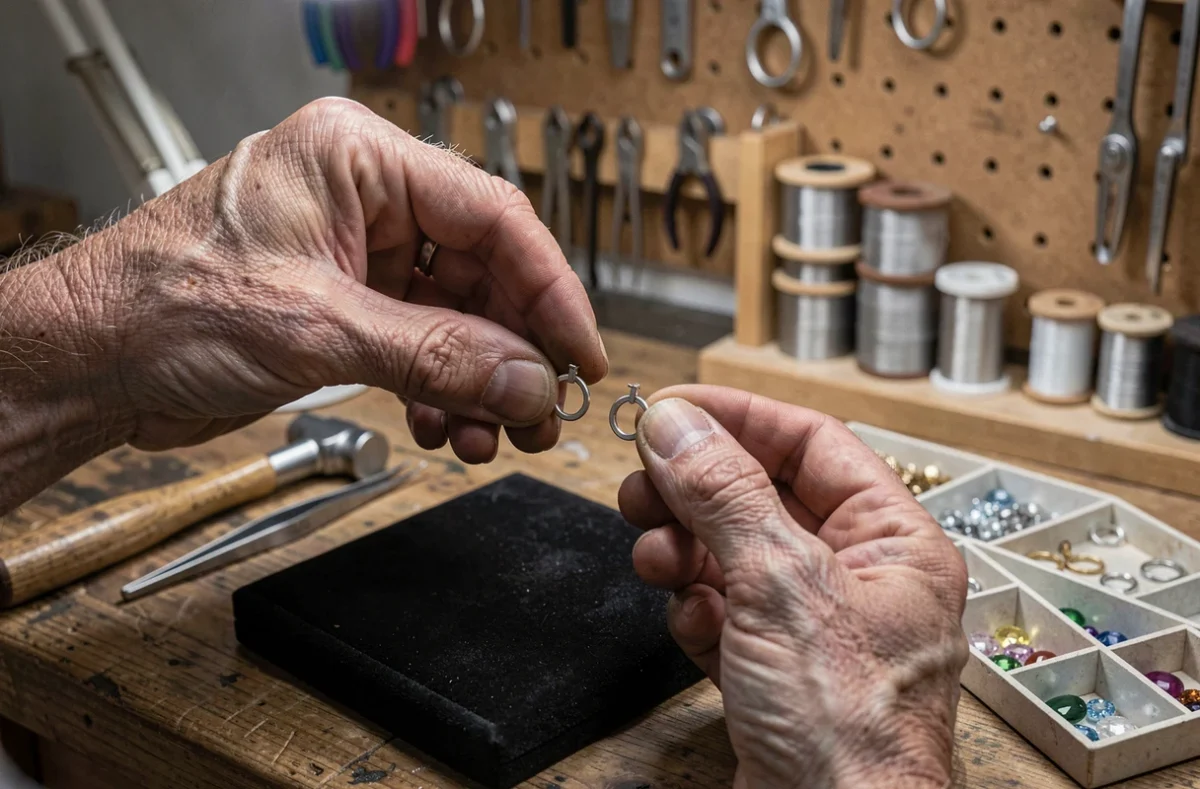 Mains expertes d'un bijoutier artisan tenant des boucles d'oreilles en argent dans son atelier
