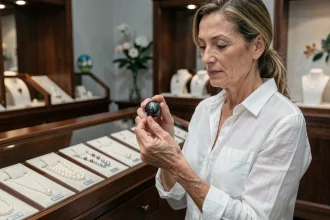 Bijoutière tenant une perle de Tahiti noire irisée dans une boutique de luxe aux vitrines en bois sombre