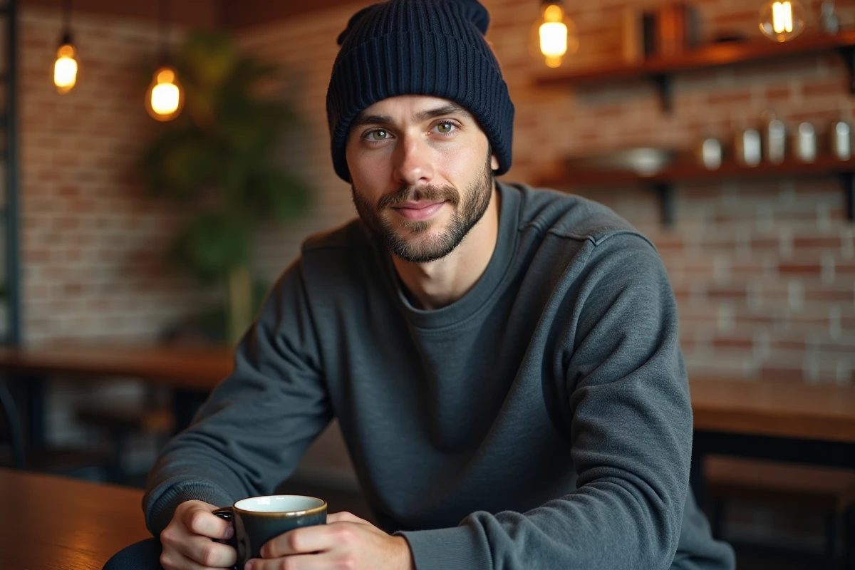 Homme avec un bonnet ajusté bleu marine porté bas sur le front, assis dans un café moderne avec briques apparentes