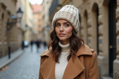 Femme portant un bonnet oversize en maille épaisse couleur avoine avec un manteau camel en laine, dans une rue pavée en automne