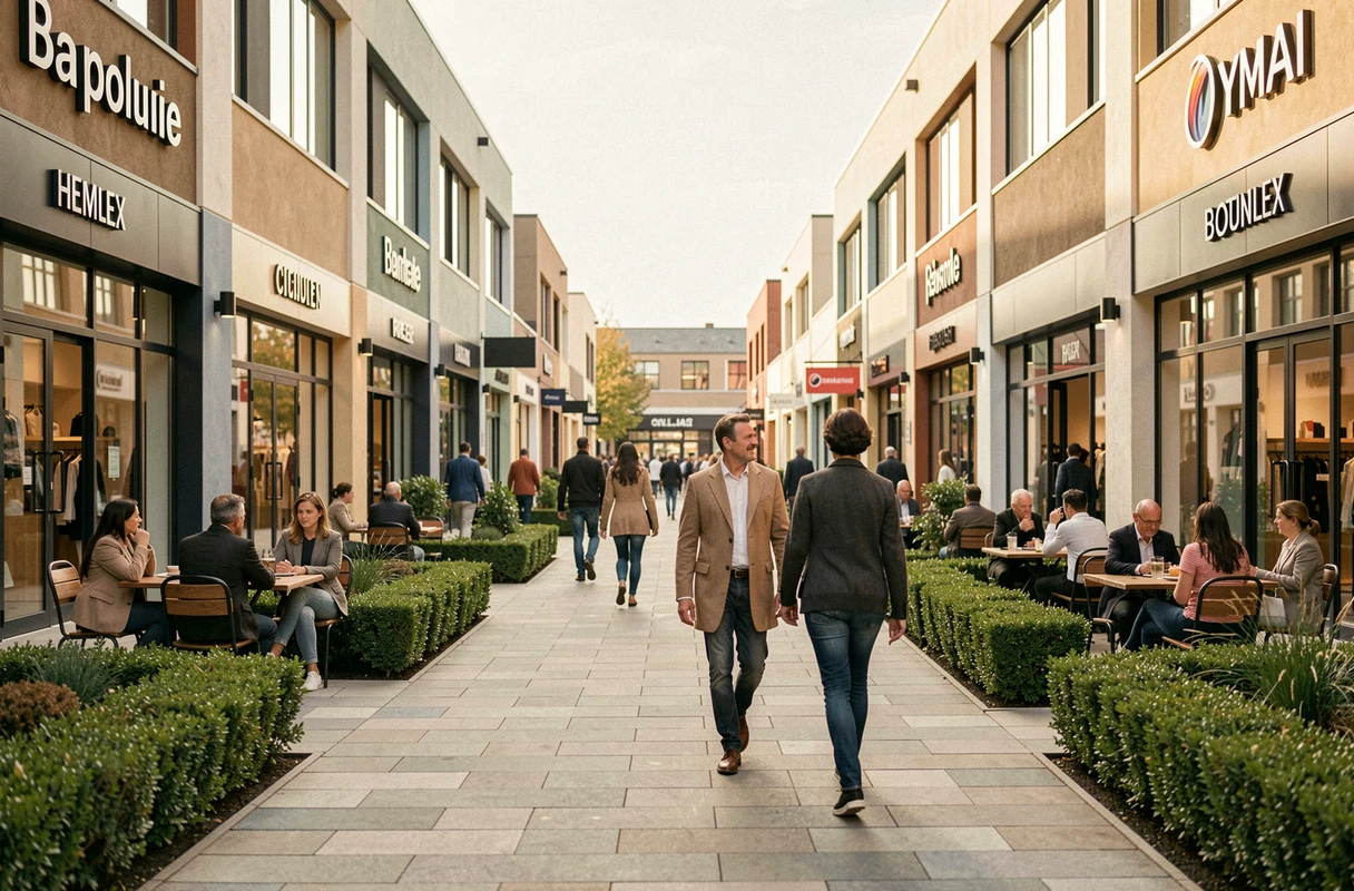Le village outlet Bord'eau Village en Gironde avec ses allées piétonnes et ses boutiques de marques