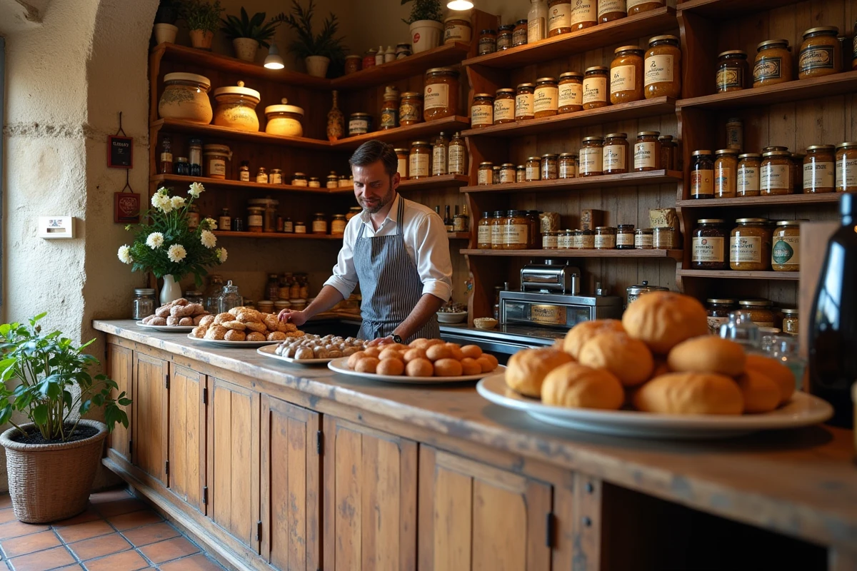 Épicier marseillais arrangeant des spécialités locales comme la tapenade, les navettes et le pastis dans une boutique artisanale traditionnelle