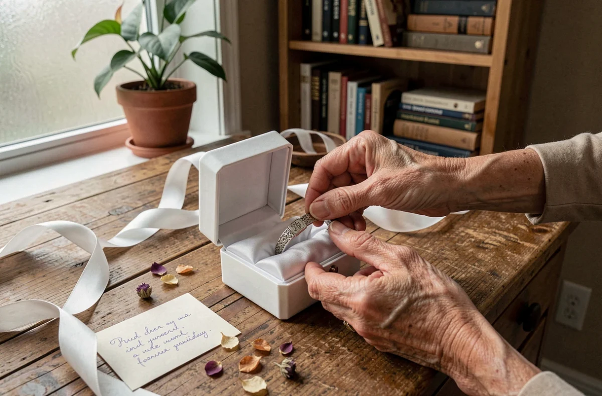 Mains posant un bracelet photo personnalisé dans un écrin cadeau sur un bureau en bois, bijou souvenir prêt à être offert