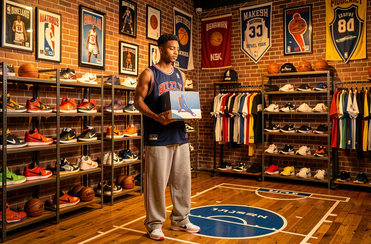 Boutique streetwear culture basket à Lille avec chaussures NBA exposées sur étagères industrielles et ambiance sport américain