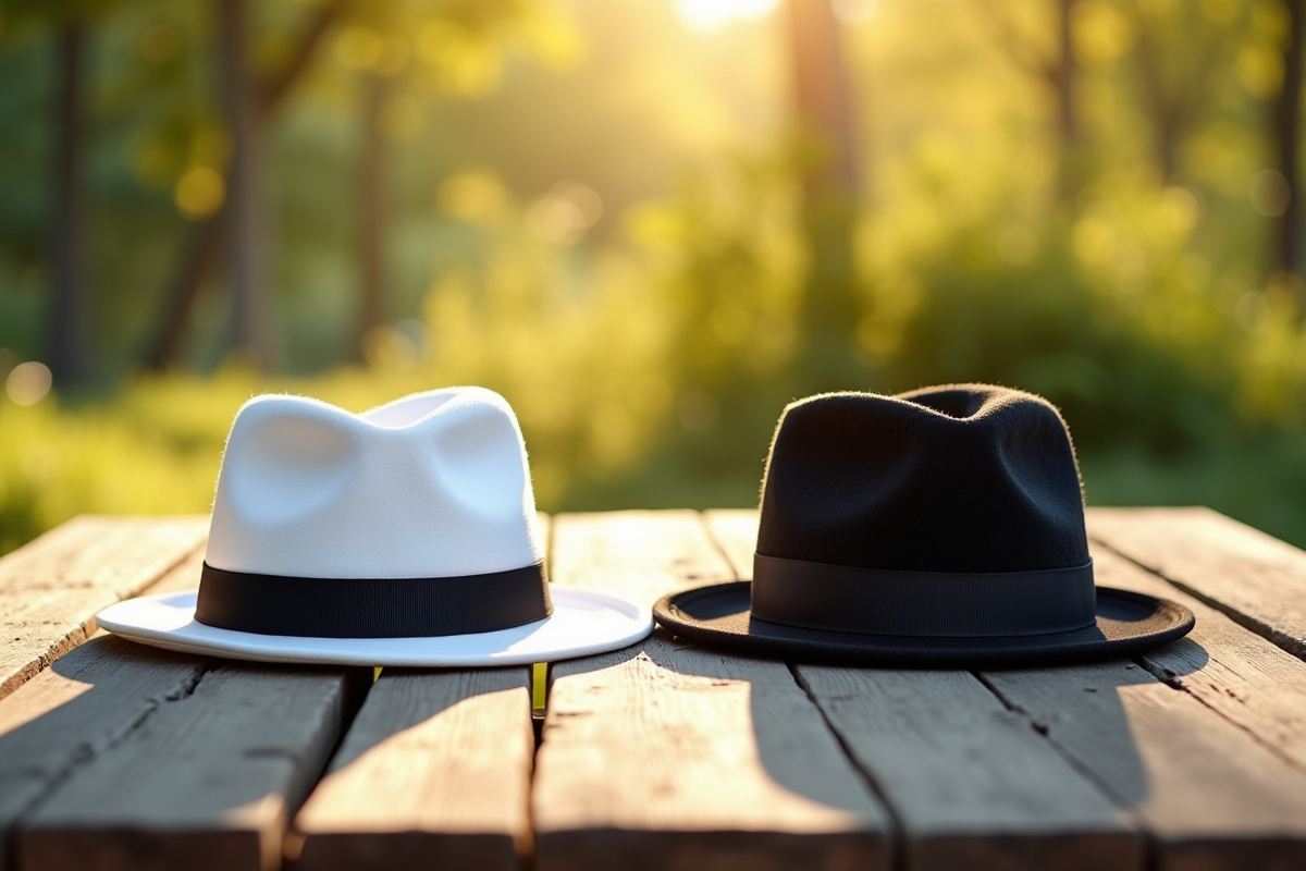 Chapeaux blanc et noir posés sur une table en plein air ensoleille