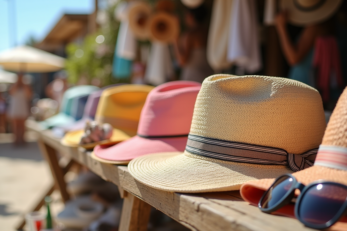 Variété de chapeaux colorés exposés sur une table en bois au marché côtier