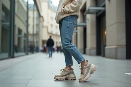 Jeune femme portant des sneakers Balenciaga chunky style dans une rue urbaine moderne, illustrant la tendance des chaussures moches devenues virales