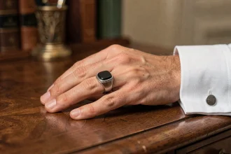 Chevalière homme en onyx noir portée sur l'index, posée sur un bureau en acajou sombre, avec une chemise blanche à manchettes françaises