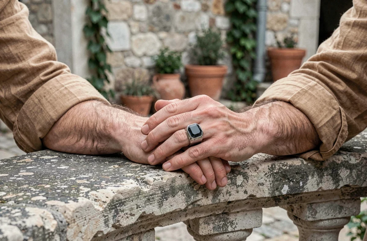 Chevalière homme en acier et onyx portée à l'extérieur, mains posées sur une balustrade en pierre dans une cour méditerranéenne
