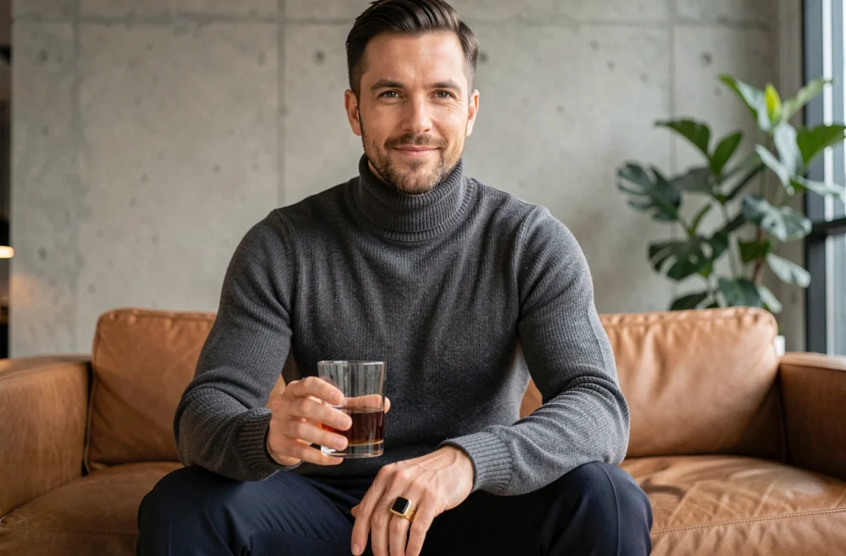 Homme portant une chevalière onyx en or jaune, assis dans un salon minimaliste moderne, vêtu d'un col roulé gris anthracite