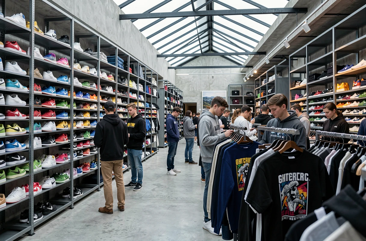 Intérieur spacieux d'une grande boutique multimarques streetwear avec mur de sneakers et rayons de vêtements à Lille