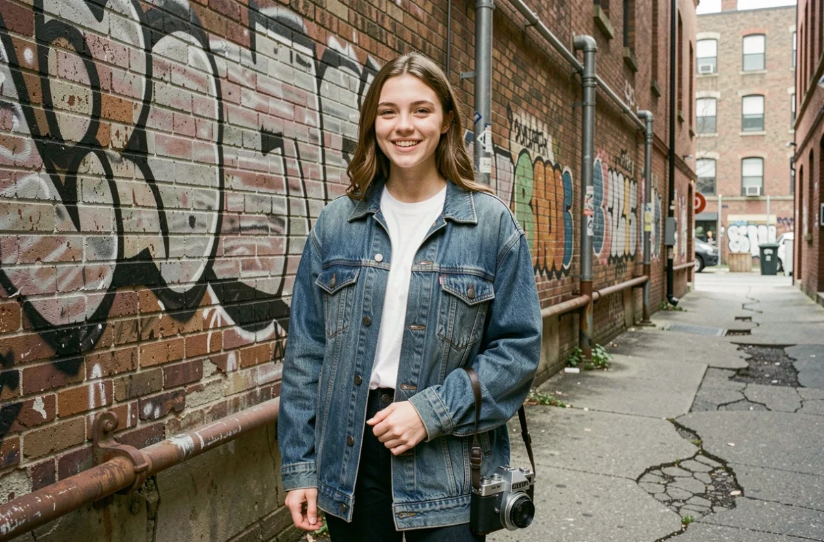 Jeune femme en veste en jean devant un mur de briques urbain tenant un appareil photo argentique, style documentaire jeunesse