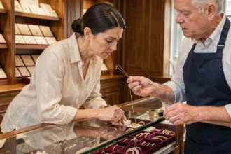 Cliente examinant un collier en or avec un bijoutier professionnel dans une boutique traditionnelle