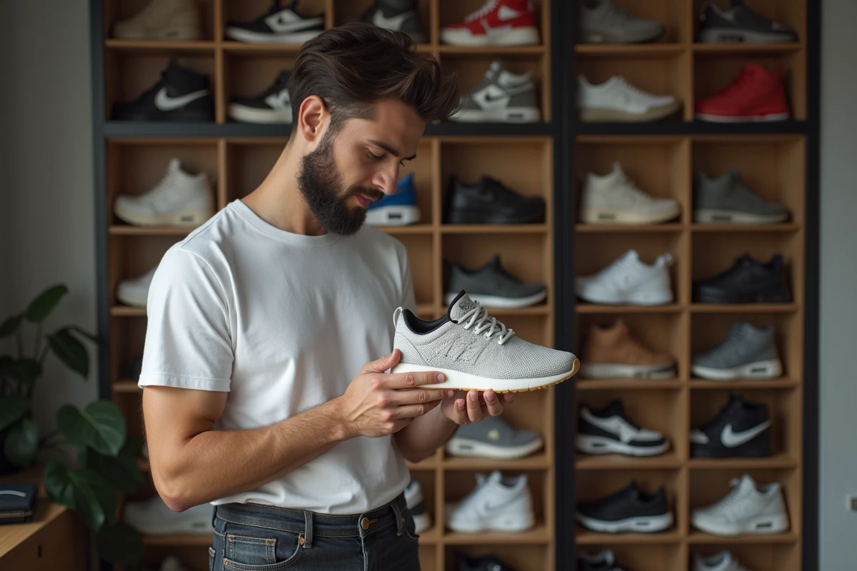 Collectionneur de baskets masculin examinant une paire rare dans un appartement moderne avec mur de sneakers organisé