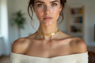 Jeune femme portant un collier choker doré sur un pull épaules dénudées dans un appartement parisien