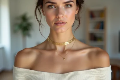 Jeune femme portant un collier choker doré sur un pull épaules dénudées dans un appartement parisien