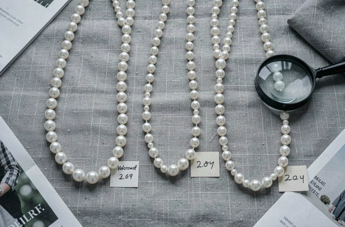 Vue à plat de plusieurs colliers de perles de culture de différentes tailles avec étiquettes de prix sur tissu en lin gris