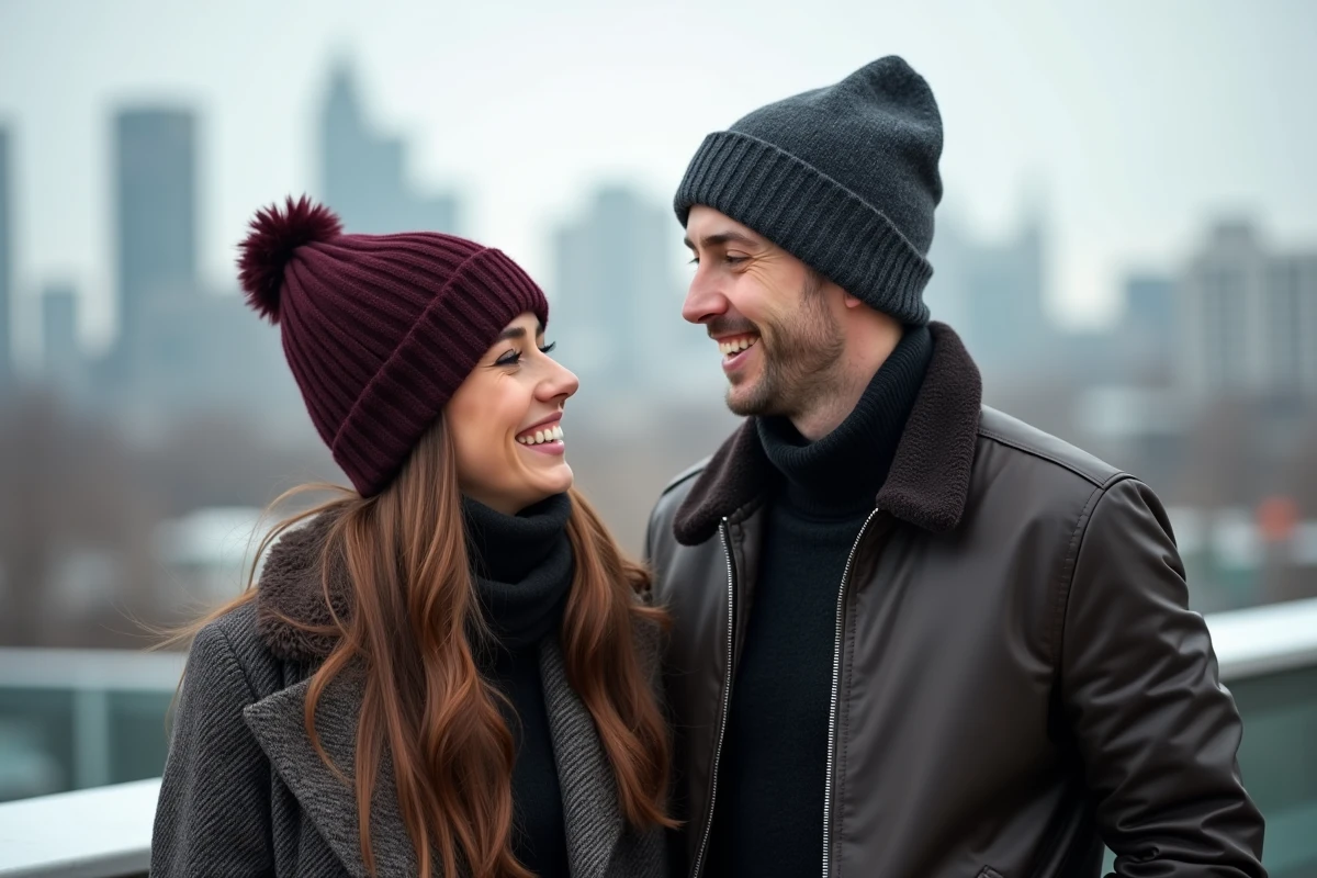 Deux amis portant des bonnets de styles différents, oversize bordeaux et ajusté gris, sur un toit terrasse avec vue sur la ville en hiver