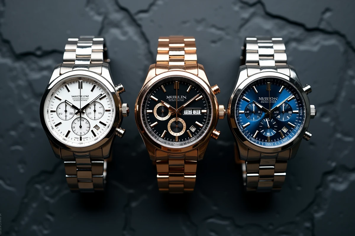 Comparaison de trois montres chronographes de luxe alternatives à la Rolex Daytona posées sur ardoise