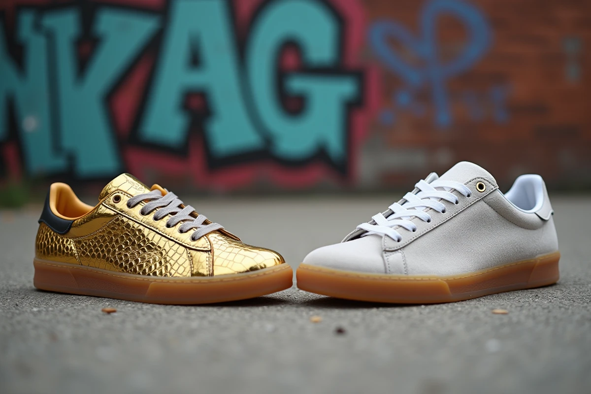 Comparaison de deux paires de sneakers de luxe sur béton brut, modèle collector designer face à une réédition vintage recherchée