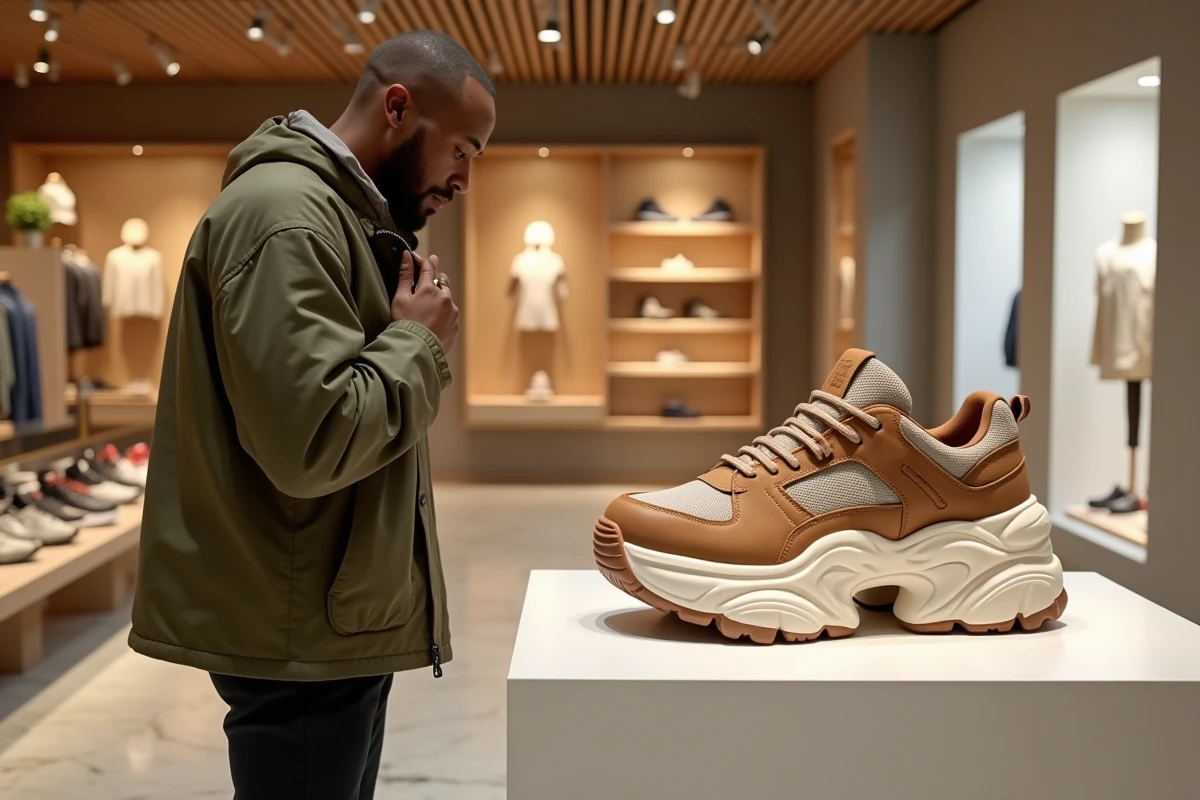 Homme dans un concept store de luxe examinant une sneaker Balenciaga au design volontairement exagéré, symbole du phénomène des chaussures moches et chères