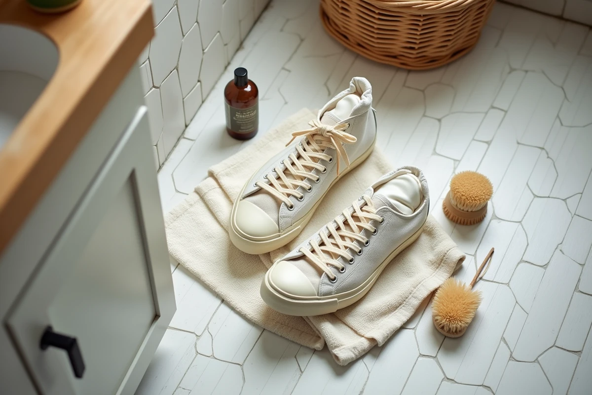 Converses déformées et décolorées après passage en machine à laver, posées sur une serviette blanche avec brosse et nettoyant pour chaussures