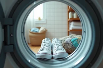 Baskets blanches en toile à l'intérieur d'un tambour de machine à laver, visible à travers le hublot en verre, illustrant le lavage de converses en machine