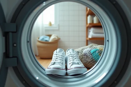 Baskets blanches en toile à l'intérieur d'un tambour de machine à laver, visible à travers le hublot en verre, illustrant le lavage de converses en machine