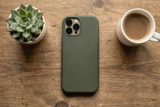 Coque iPhone 14 Plus en silicone vert olive posée sur un bureau en bois avec plante et café