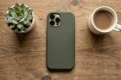 Coque iPhone 14 Plus en silicone vert olive posée sur un bureau en bois avec plante et café