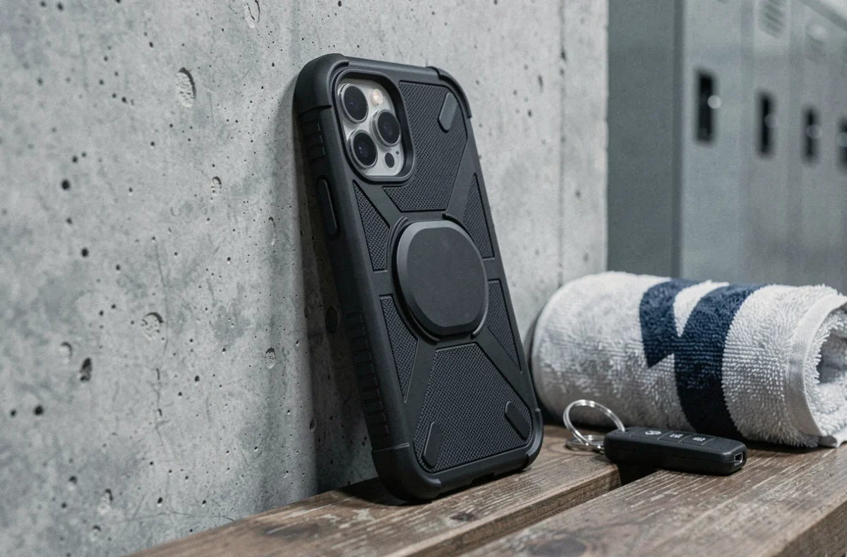Coque robuste iPhone 14 Plus noire avec protection renforcée posée dans un vestiaire de sport