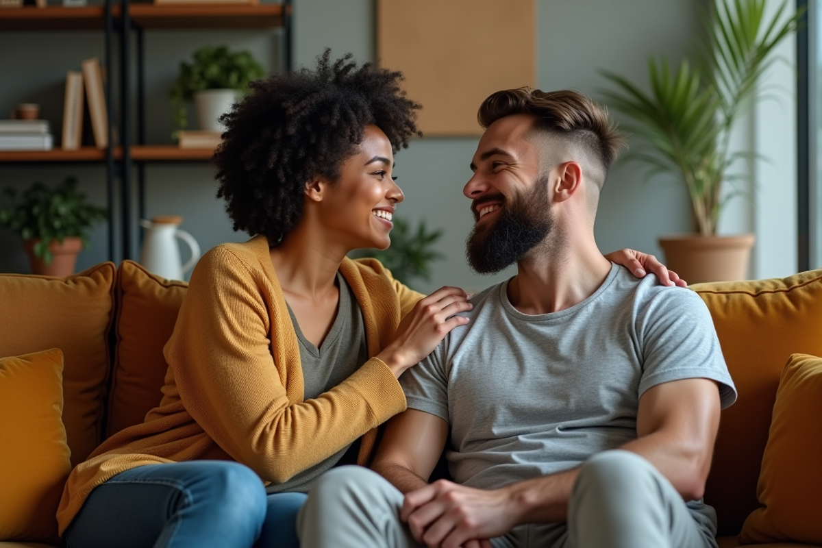 Femme touchant le barbe de son partenaire dans un salon