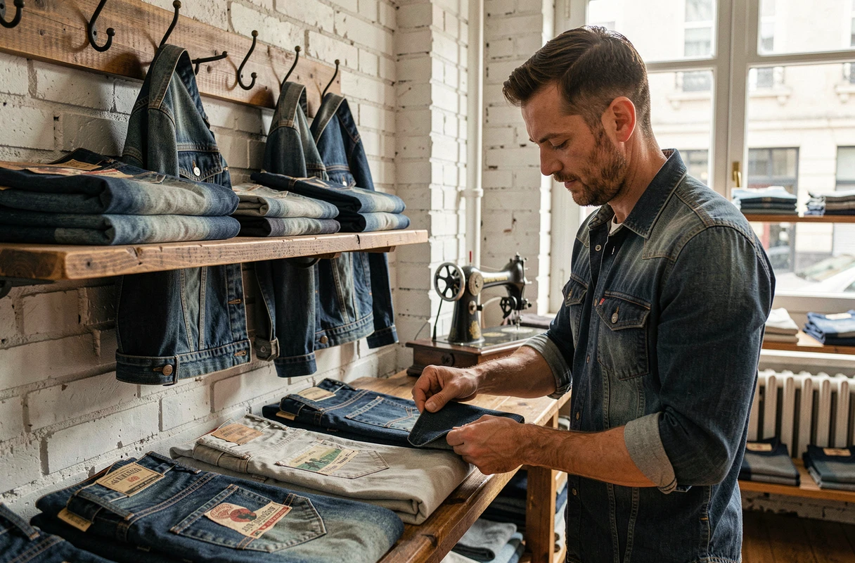 Boutique denim brut et streetwear heritage à Lille avec jeans selvedge sur étagères en chêne et ambiance artisanale authentique